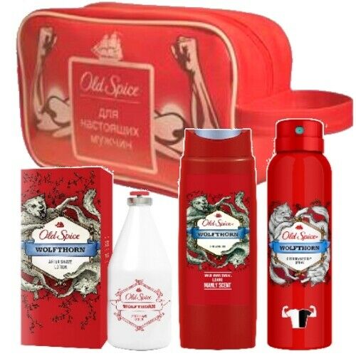 Old Spice WOLFTHORN After Shave+Showergel+Deospray+Original Tasche 4er SET (rd)