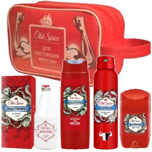 Old Spice WOLFTHORN After Shave+Showergel+Deospray+Deostick+Kulturbeutel 5er(rd)