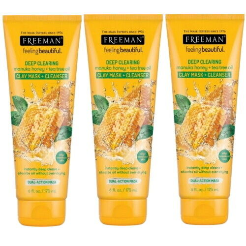 Freeman Clay Mask Manukahonig+ Teebaumöl Reinigung+Ton Maske Große Tube 175ml 3x