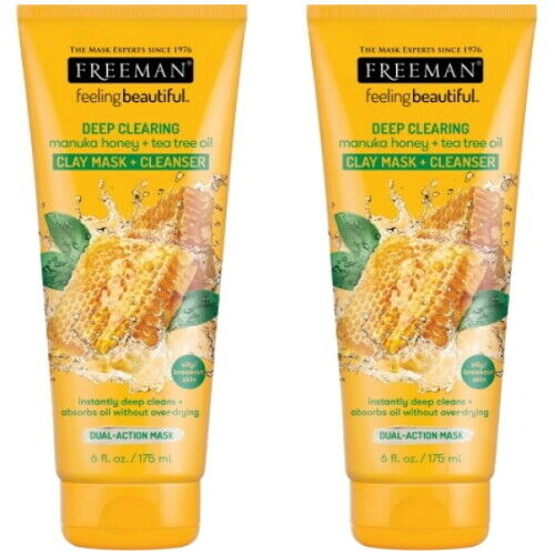 Freeman Clay Mask Manuka Honey+ Tea Tree Oil Cleansing+Clay Mask Large Tube 175ml 2x