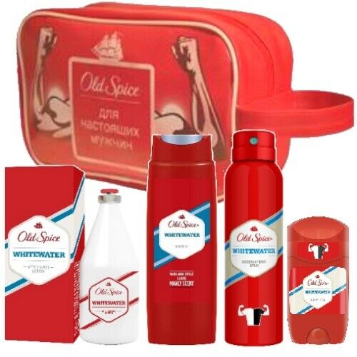 Old Spice Whitewater After Shave+Showergel+Deospray+Deostick+Kulturbeutel 5er rd