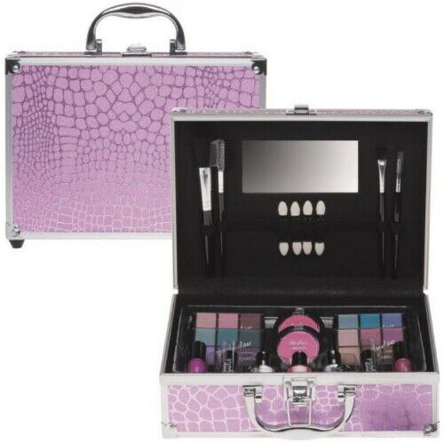 Schöne Kosmetik Make-up ALU Koffer Krokomuster Pink Schminkkoffer 42 tlg (e267)