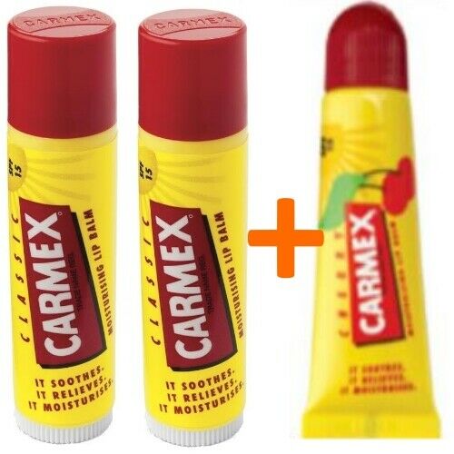 Carmex Classic Lippenbalsam Original 2x STICK + 1x TUBE Kirsche Lip Balm WoW