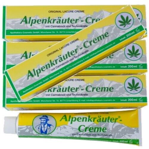 Alpenkräuter-Creme Balsam 200 ml +Teufelskralle Cannabis (Hanföl) Lacure 4er P.