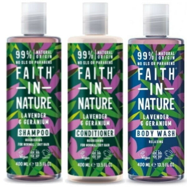 Faith in Nature Lavender & Geranium Shampoo + Conditioner+Duschgel 400ml 3er SET