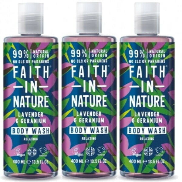 Faith in Nature Lavender & Geranium Body Wash VEGAN Parabenfrei 400ml 3er Pack